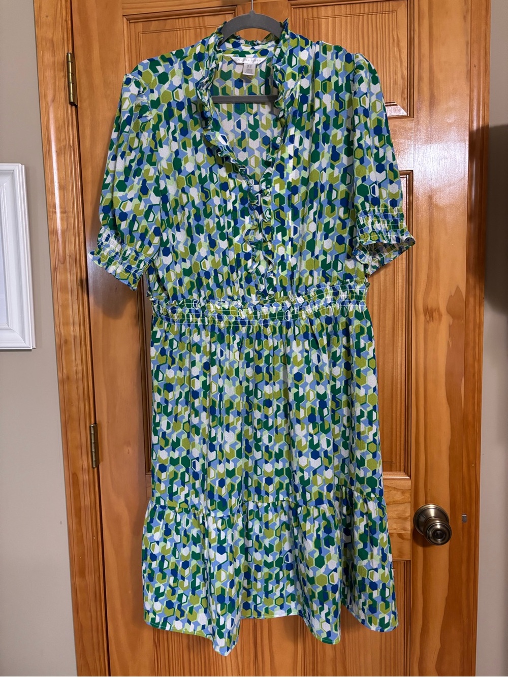 London Times Blue, Green & White Geometric Ruffle Midi Dress
